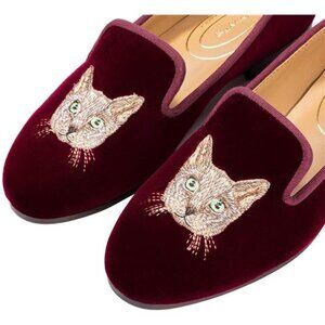 MEOW! KAWAII Adorable Embroidered CAT Burgundy Velvet Loafers Kitty Shoes 7.5